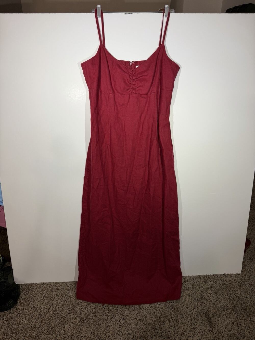 Old Navy Dress Vintage Red 100% Linen Empire Waist Back Zipper Slit Size 14